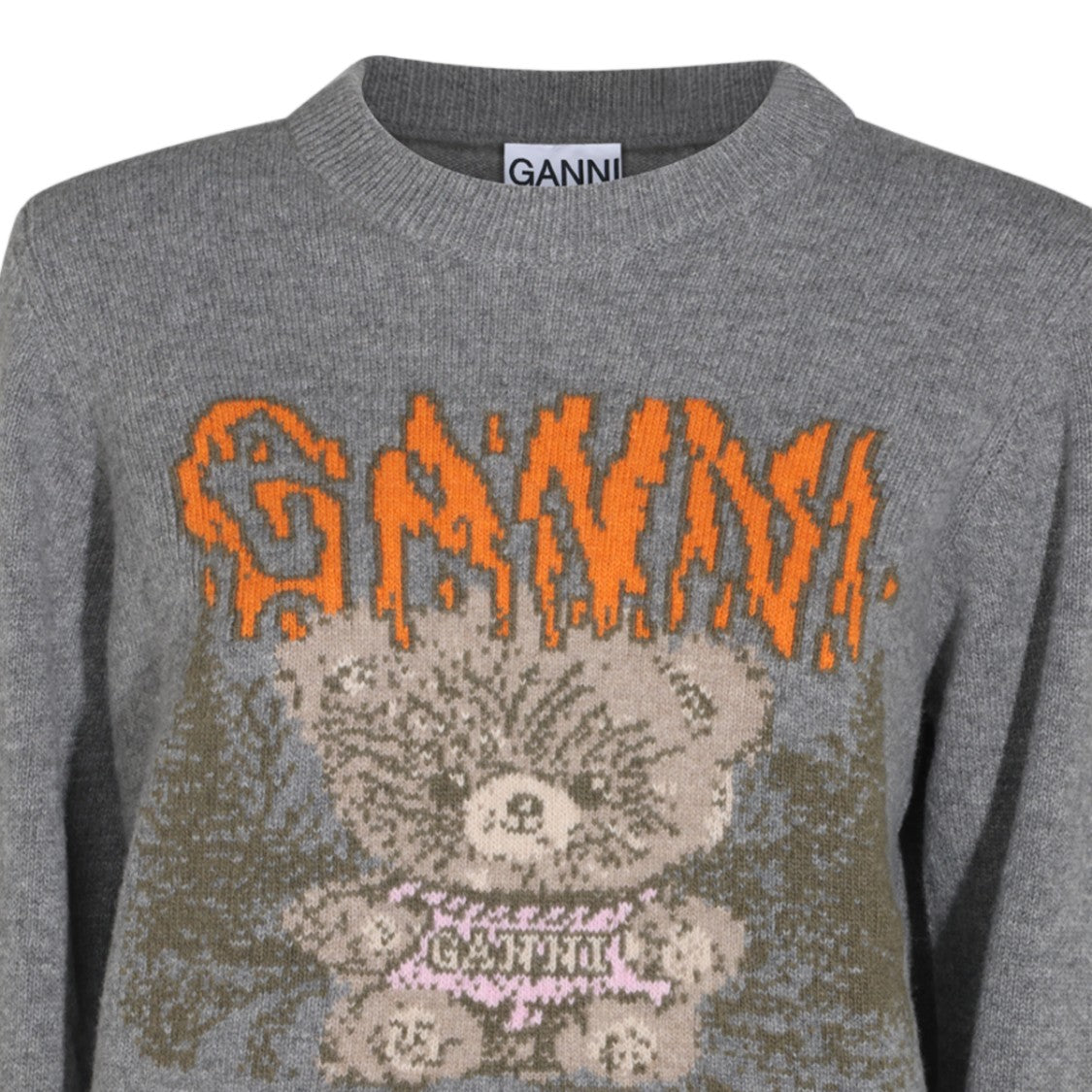 Ganni Medium Grey Graphic Teddy Bear Knit Sweater
