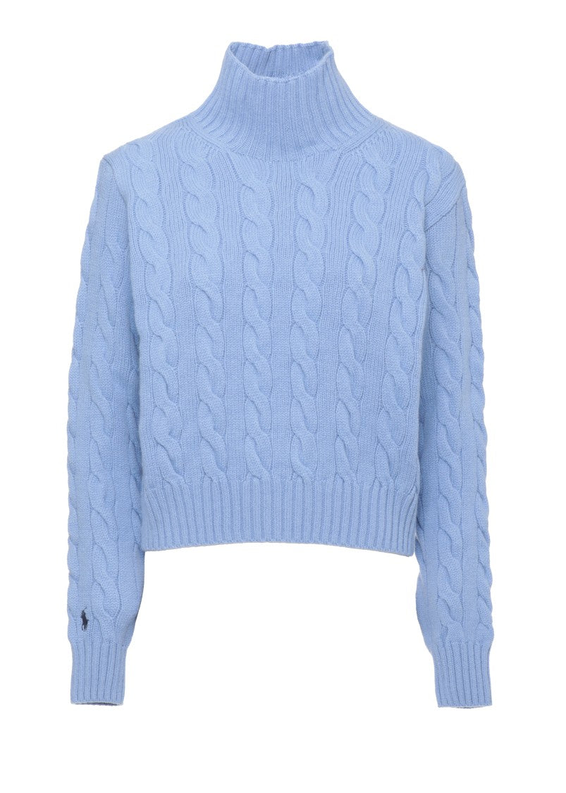 Polo Ralph Lauren Light Blue Cable-Knit High Neck Wool Sweater