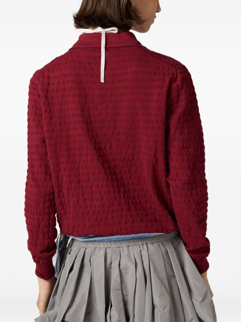 Miu Miu Black Textured V-Neck Long-Sleeved Ribbon Top