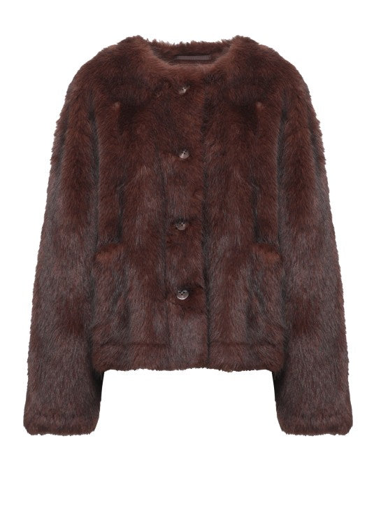 Stand Studio Cropped Brown Faux Fur Jacket With Round Neck