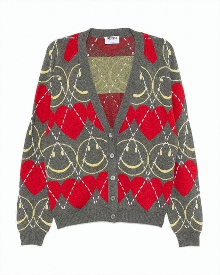 Moschino Playful Grey Cardigan With V-Neck