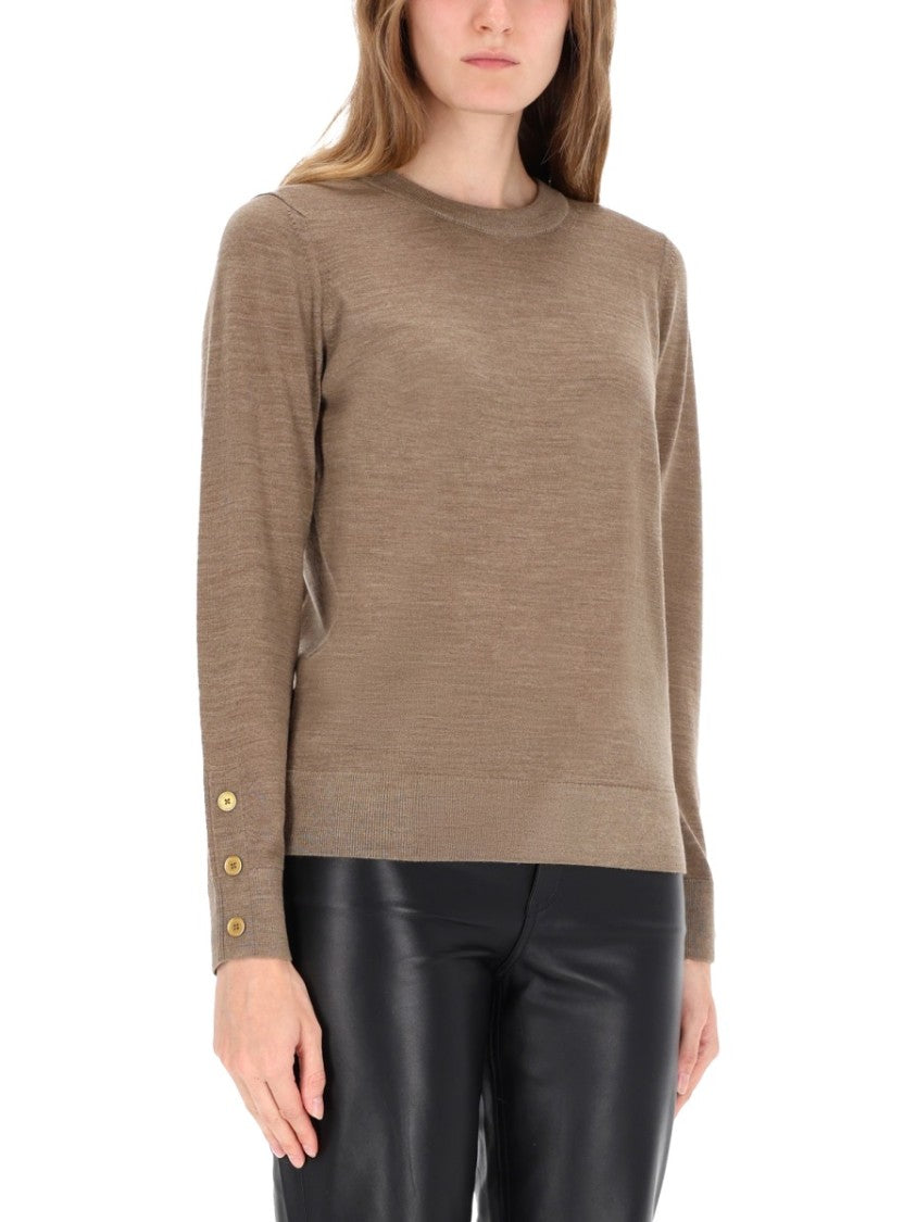 Michael Michael Kors Beige Merino Wool Sweater With Ribbed Cuffs And Button Detail