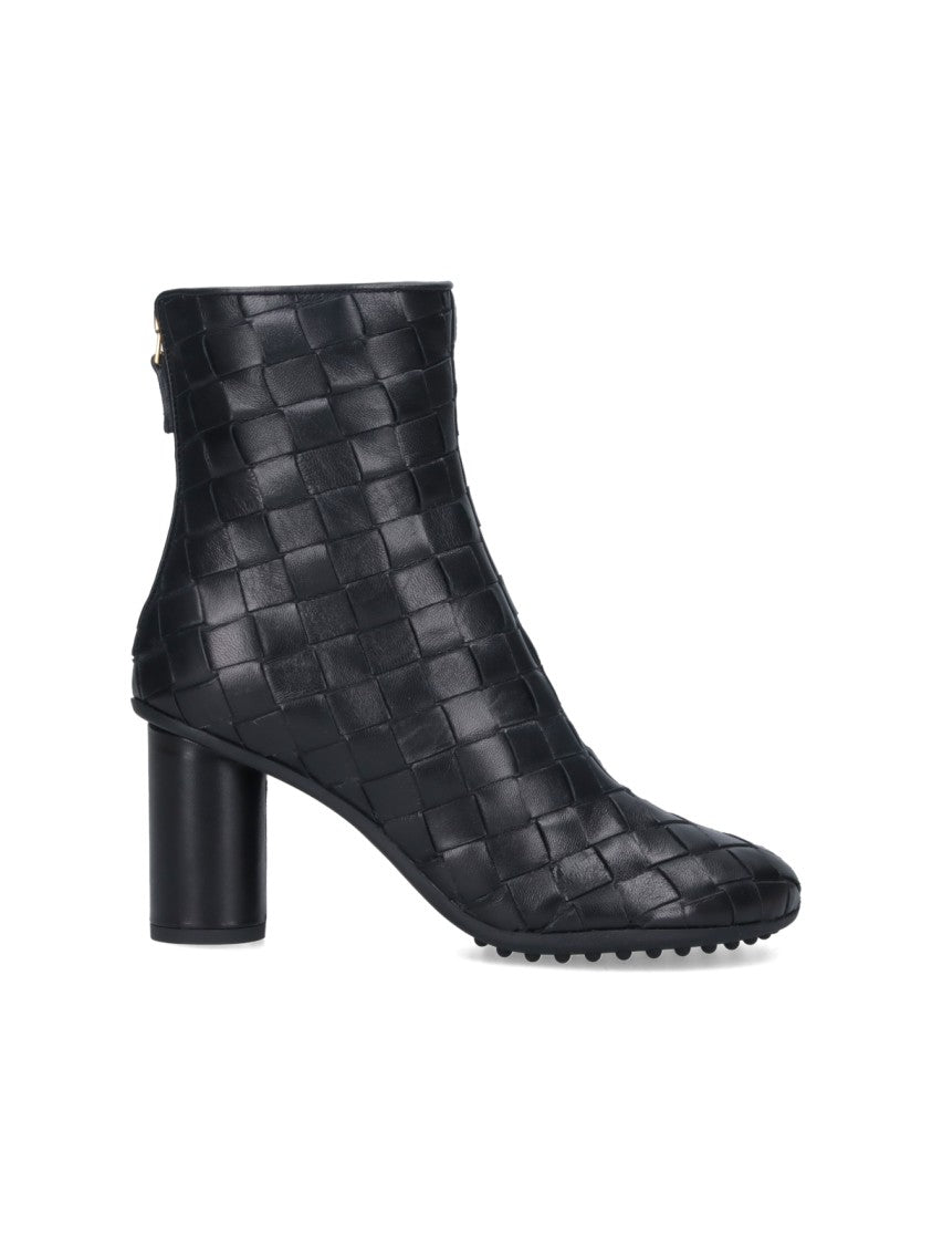 Bottega Veneta Black Braided Leather Ankle Boots With Block Heel And Rear Zip Closure