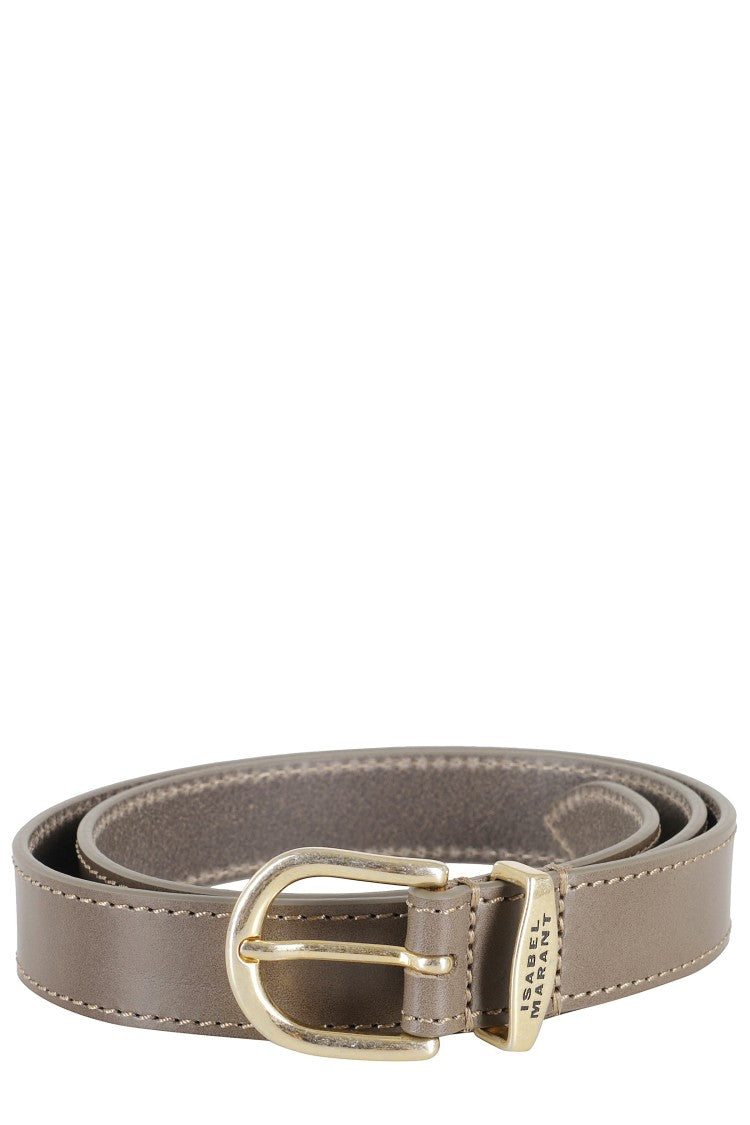 Isabel Marant Slim Leather Belt With Gold Logo Buckle