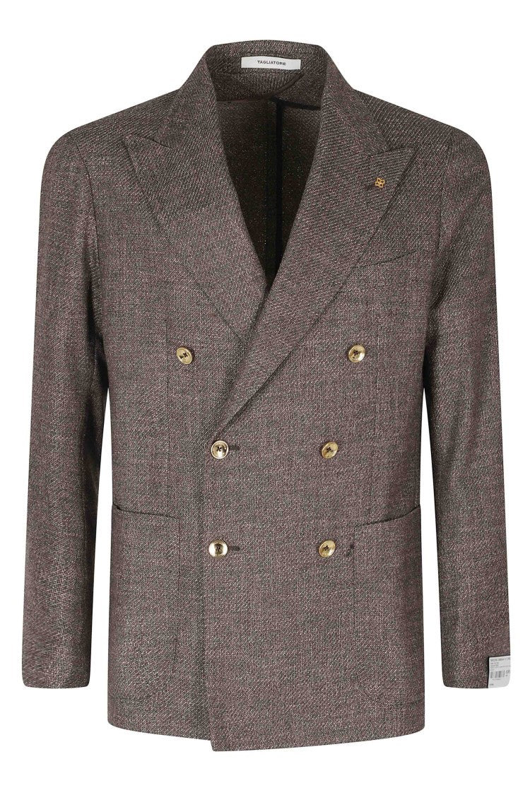 Tagliatore Brown Double-Breasted Jeweled Buttons Wool-Blend Blazer