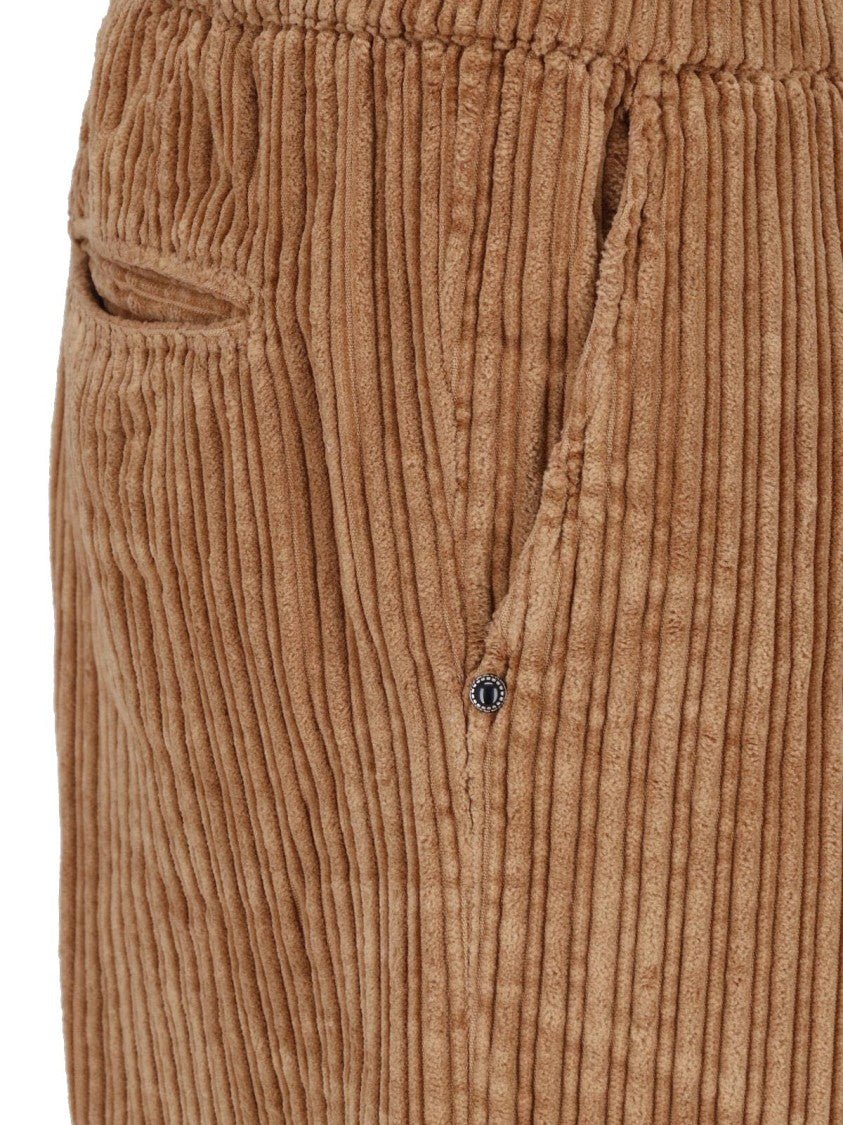 White Sand Brown Ribbed Pleated Velvet Straight-Leg Pants