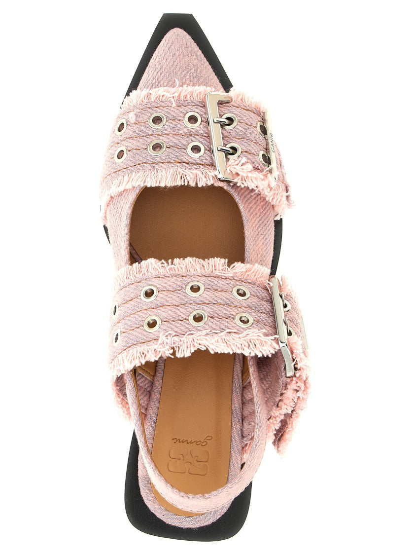 Ganni 'Feminine Buckle Fringed Denim' Slingback