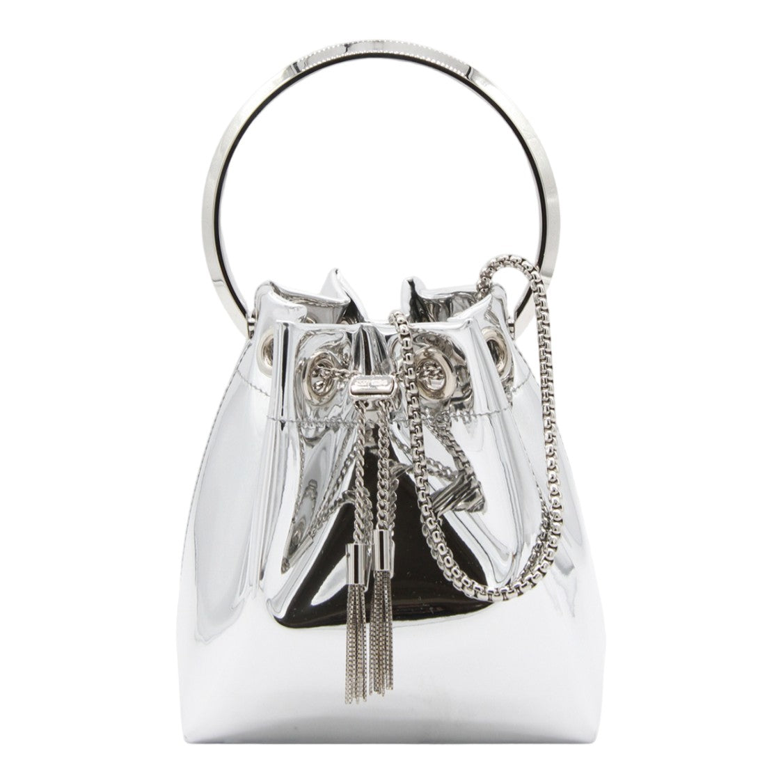 Jimmy Choo Sculptural Metallic Bucket Bag With Circular Handle And Detachable Chain Strap