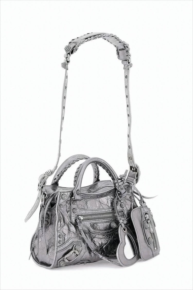 Balenciaga Crinkled Lambskin Silver Tote Bag With Eyelet Accents