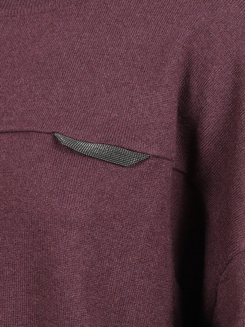 Brunello Cucinelli Burgundy Round Neck Cashmere Sweater With Faux-Pocket Detail