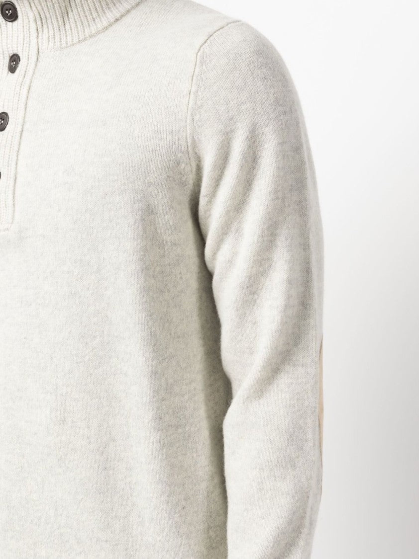 Barbour Pearl Grey Wool Ribbed Knit Sweater With Mock Neck And Button Placket