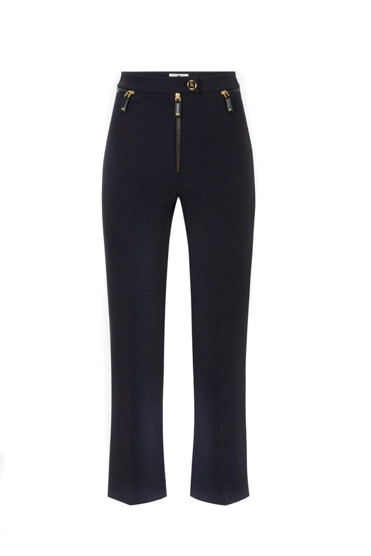 Elisabetta Franchi Black Logo Button Flap Pocket Polyester-Blend Cropped Pants