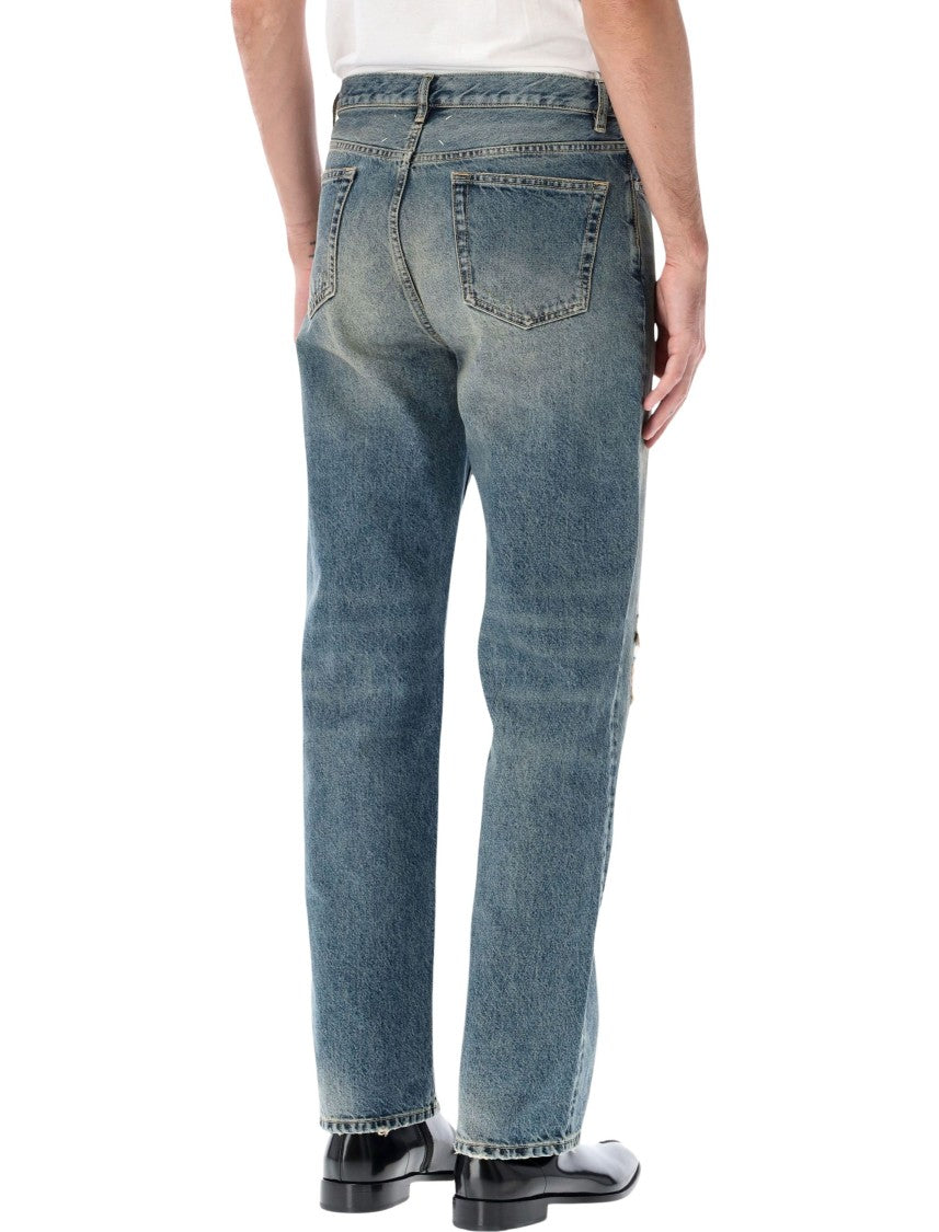 Maison Margiela Broken Distressed Cut-Off Hem Cotton Straight-Leg Jeans