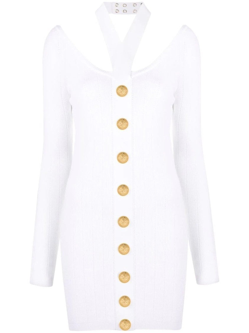 Balmain Mini Halterneck Knit Dress With Gold Button Detail