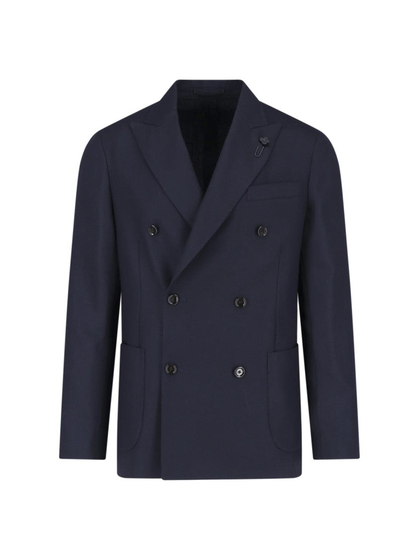 Lardini Navy Double-Breasted Virgin Wool Blazer