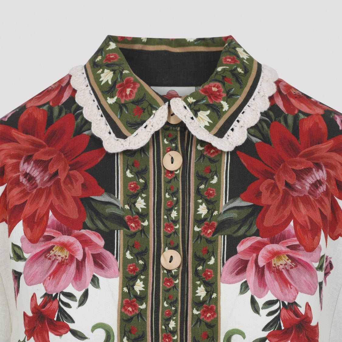 Farm Rio Multicolor Floral Linen Blend Shirt With Lace Trim