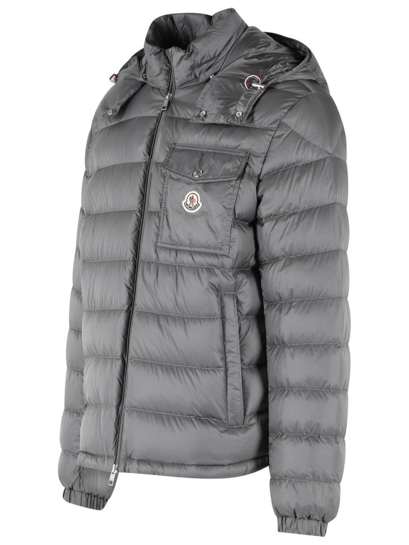 Moncler Quilted Grey Down Jacket With Removable Hood And Logo Patch