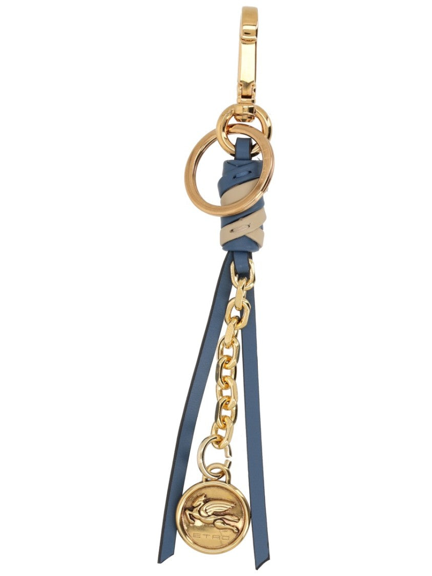 Etro Muted Blue Beige Leather Medallion Keychain
