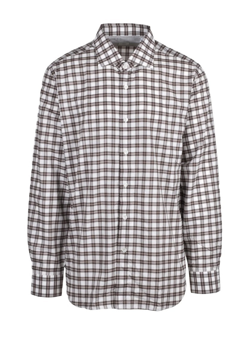 Eleventy White/Brown Checkered Pointed Collar Cotton Shirt