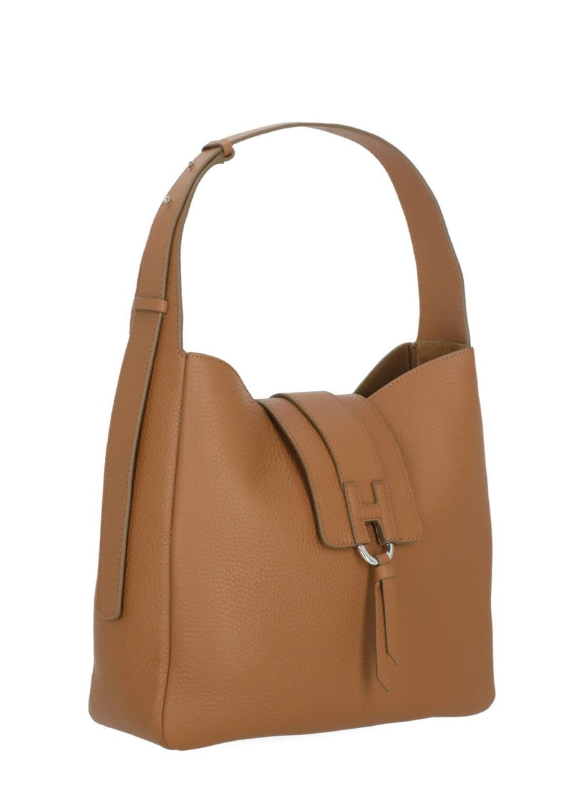 Hogan Structured Leather Hobo Bag With Embossed Logo And Tassel