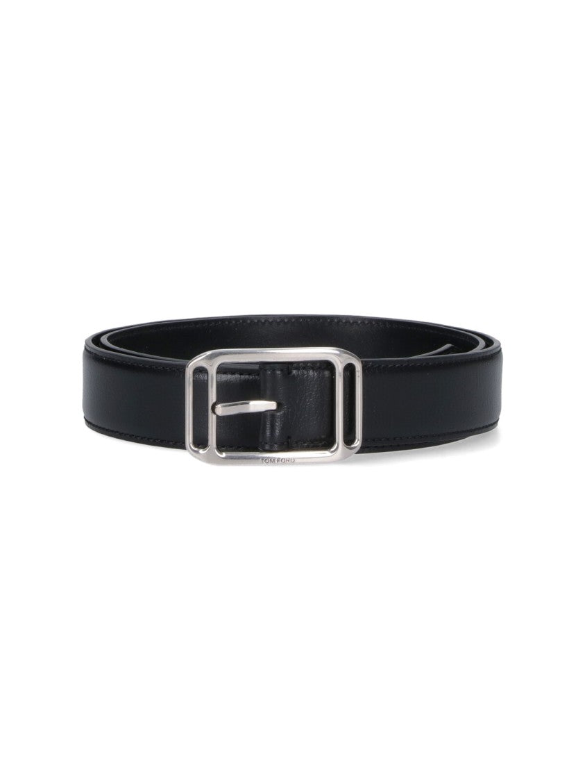 Tom Ford Polished Silver Buckled Black Leather Belt