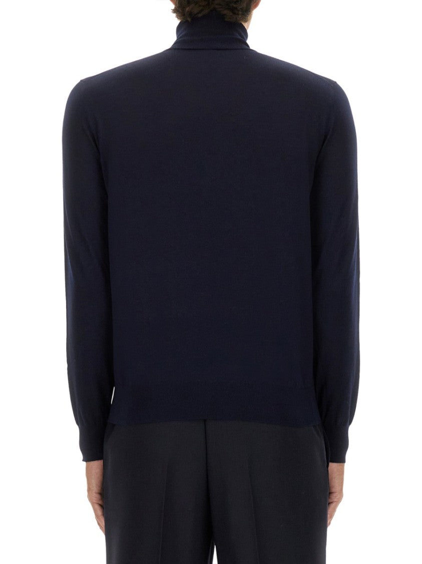 Saint Laurent Deep Navy Cashmere-Wool-Silk Blend Fitted Turtleneck Pullover