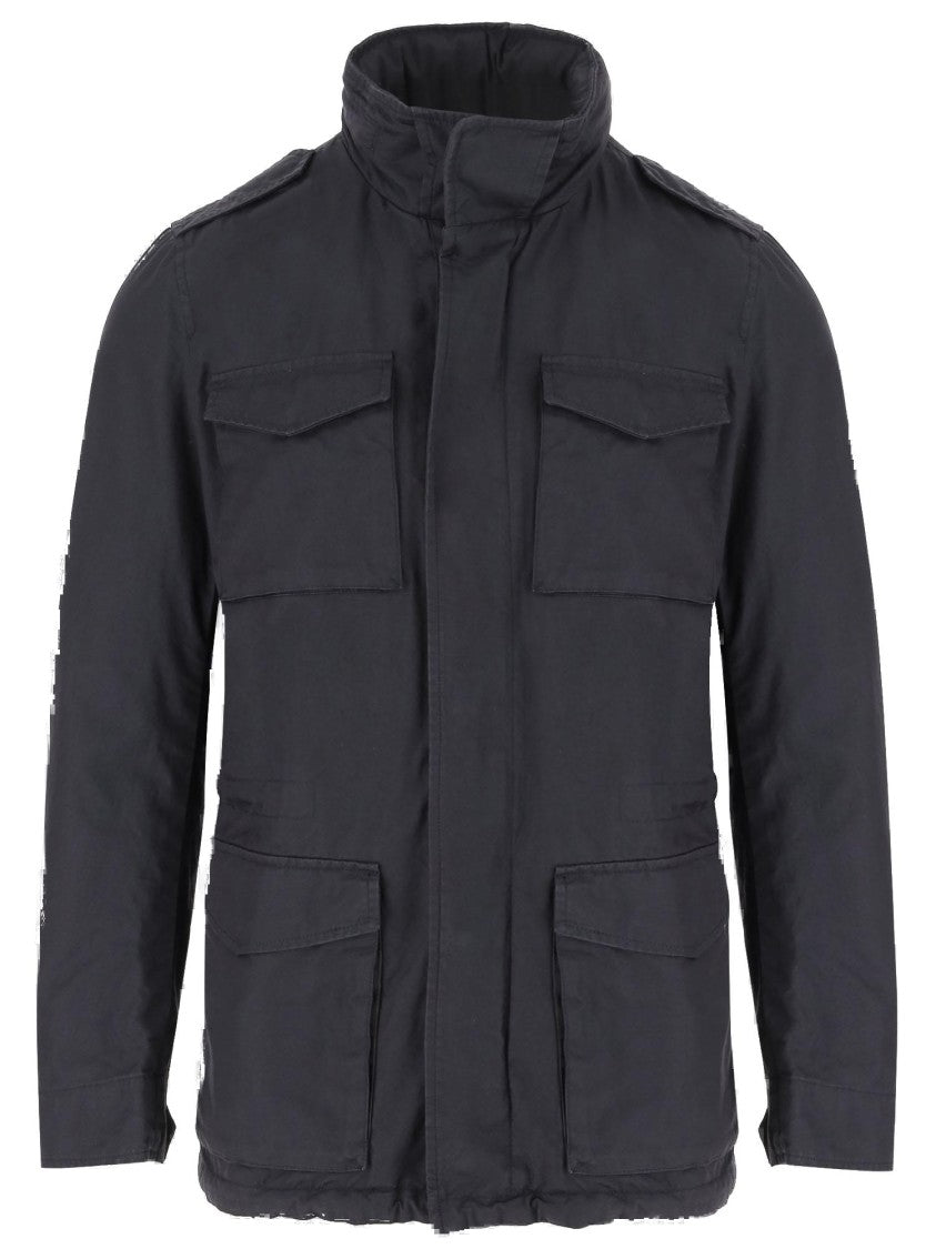 Herno Navy Linen Jacket With Classic Collar And Buttoned Cuffs