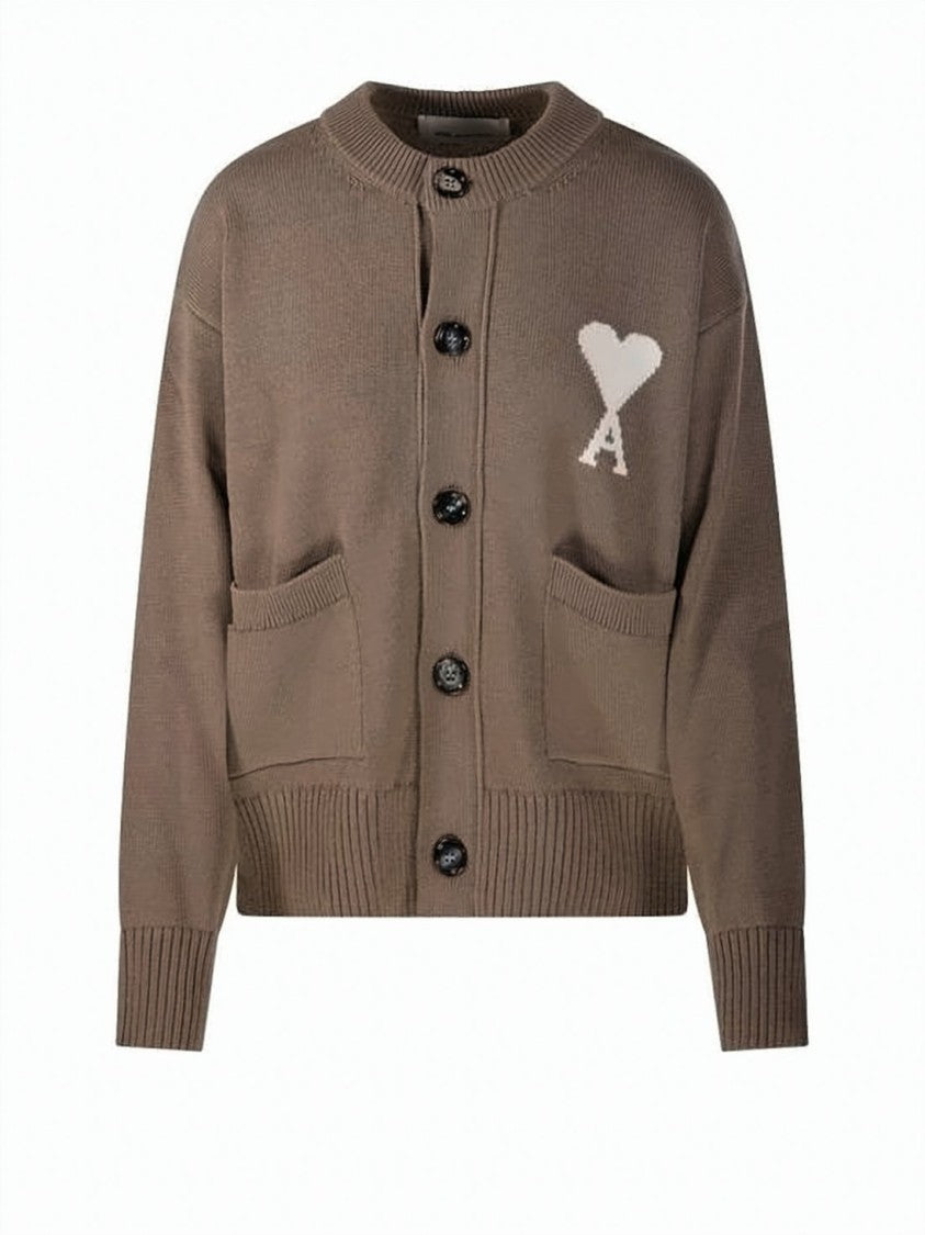 Ami Paris Navy Blue Wool And Cotton Blend Heart Cardigan
