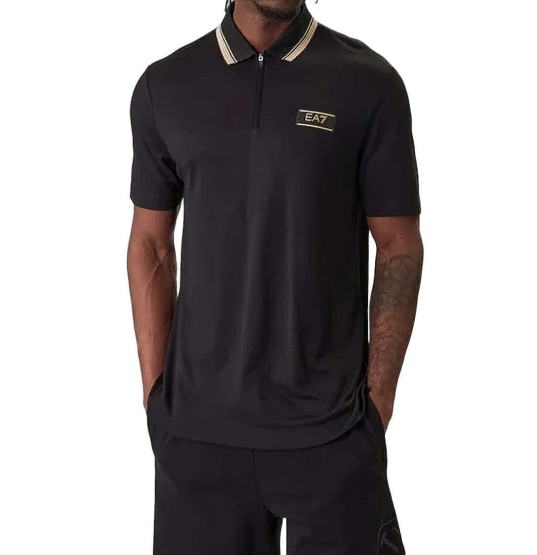 Ea7 Emporio Armani Short-Sleeved Black Polo T-Shirt With Contrasting Collar