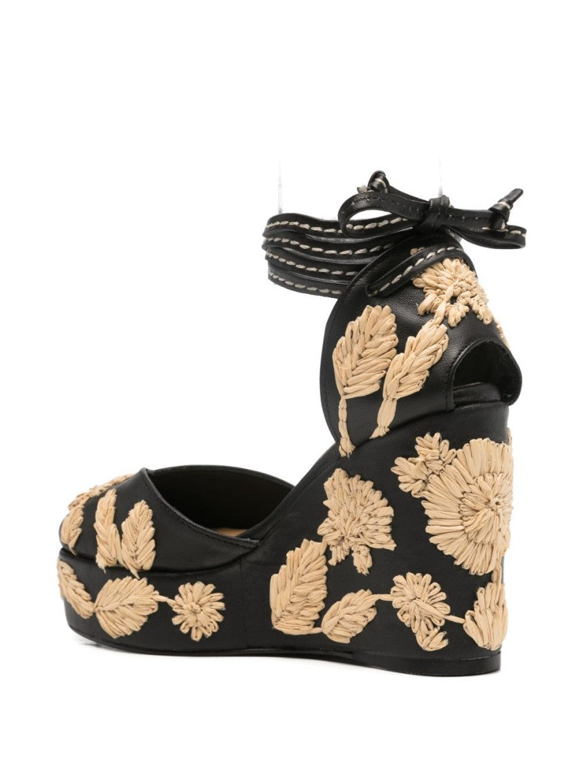 Castaner Embroidered Black Wedge Sandals With Bow Detail