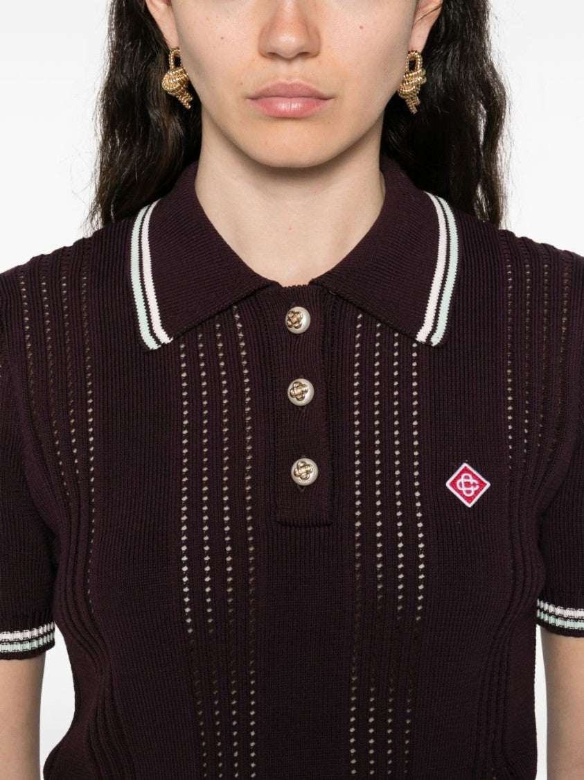 Casablanca Short-Sleeved Knit Polo With Vertical Open-Knit Stripes