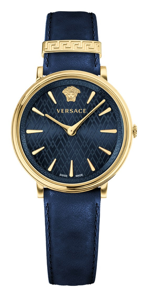 Versace V-Circle 38 Mm Swiss-Made Quartz Watch With Blue Calf Leather Strap