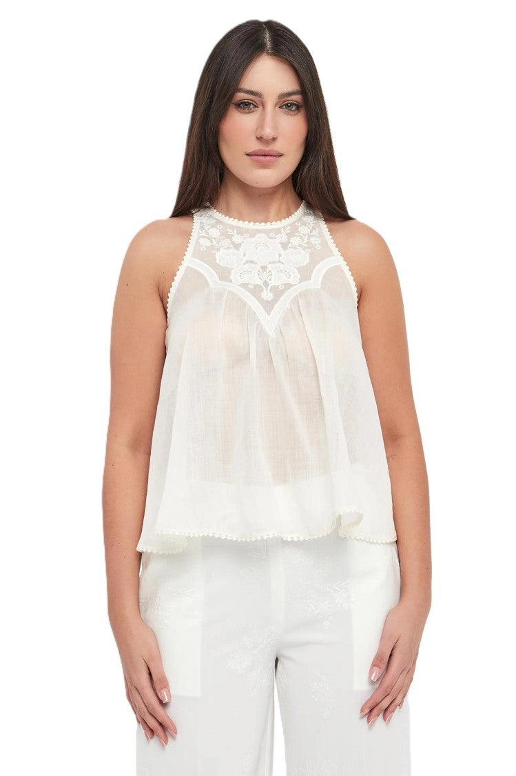 Twin-Set Sleeveless Flowing Top With Floral Lace Detailing