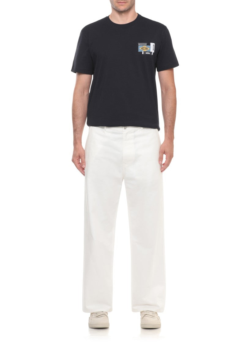 Moschino Blue Embroidered Logo Patch Cotton T-Shirt