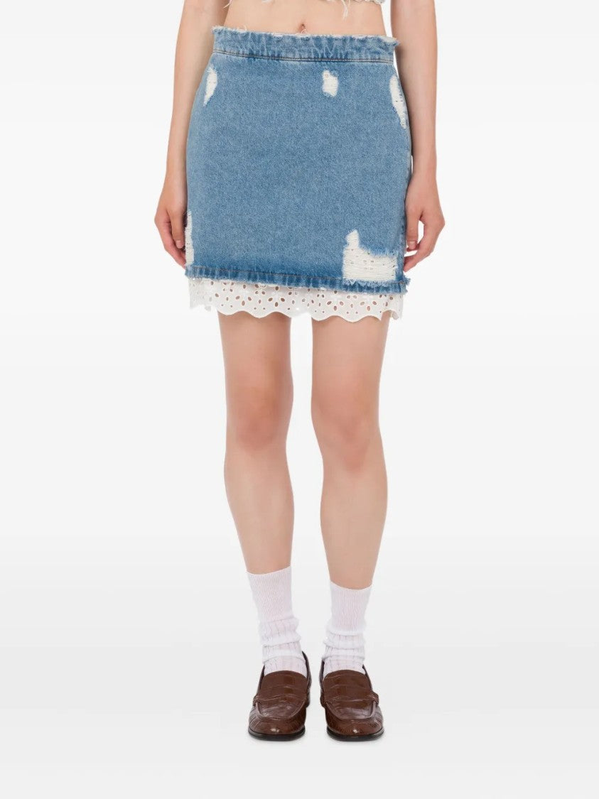 Moschino Distressed Denim Mini Skirt With Lace Trim Detail
