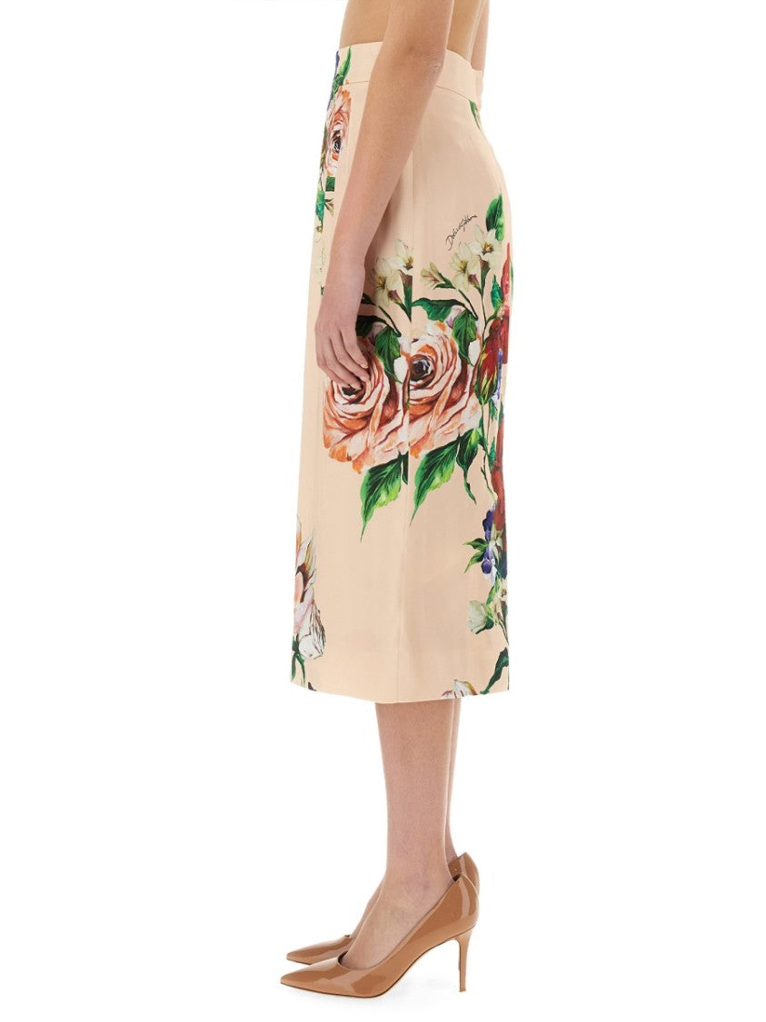 Dolce & Gabbana Flower Print Satin Midi Pencil Skirt