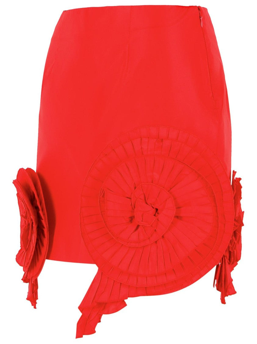 Blumarine Mini Taffeta Skirt With Pleated 3D Rose Appliqués
