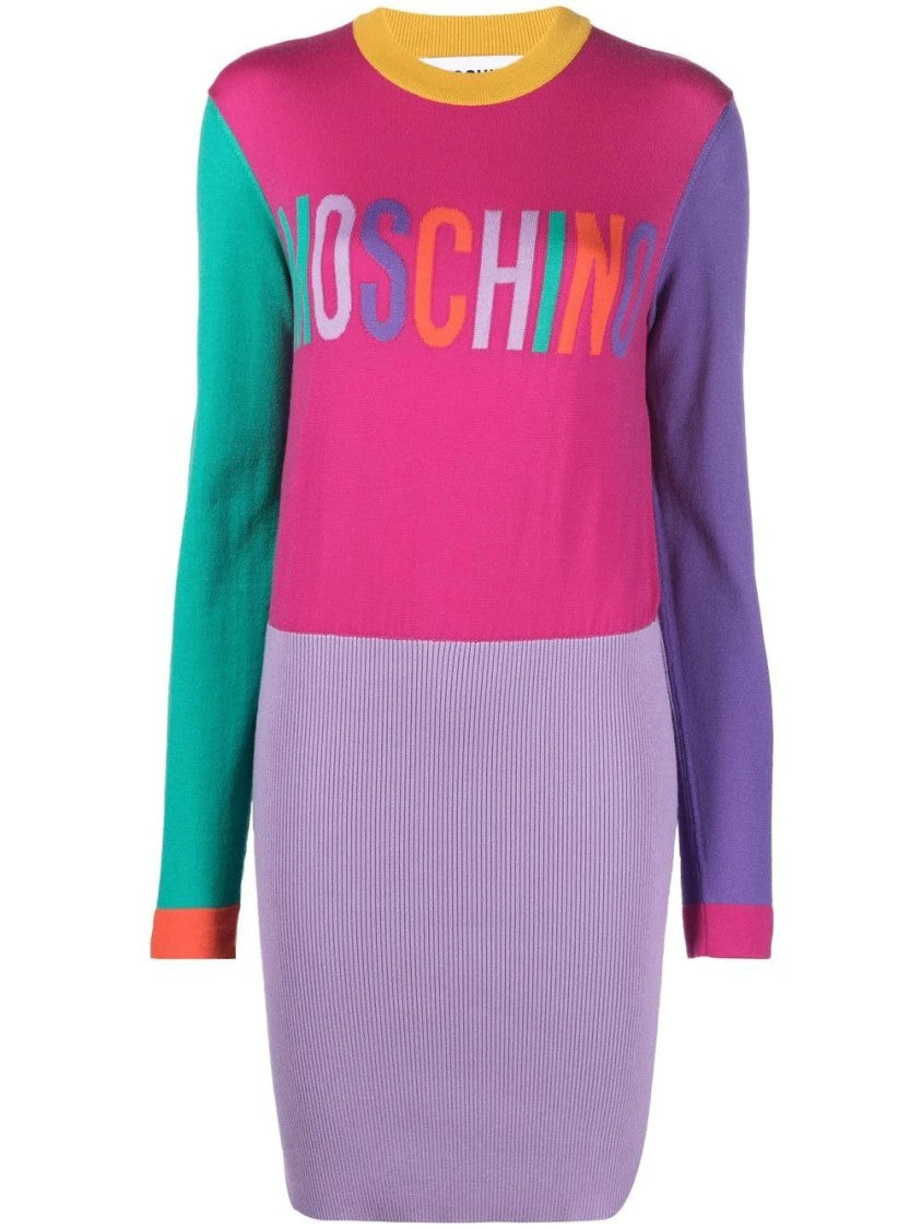 Moschino Color-Block Mini Dress With Ribbed Skirt And Logo Accents