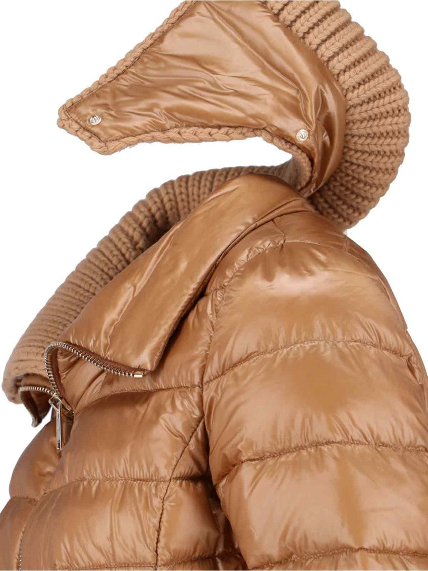 Herno Long Quilted Brown Piumino With Removable Knit Collar