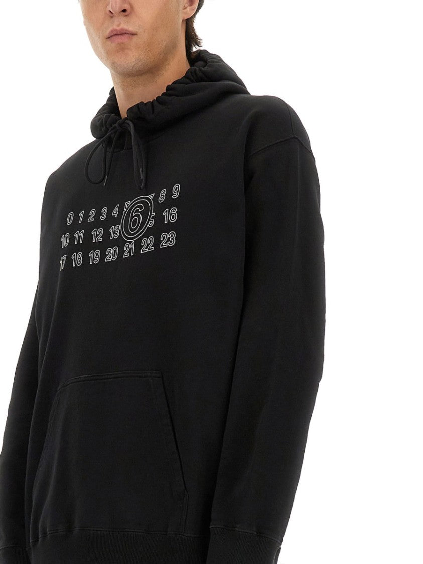 Mm6 By Maison Margiela Numeric Print Black Hoodie With Front Kangaroo Pocket