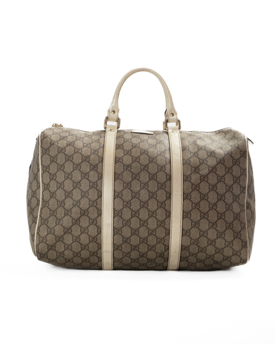 Gucci Boston Bag In Gg Supreme Canvas With White Leather Accents