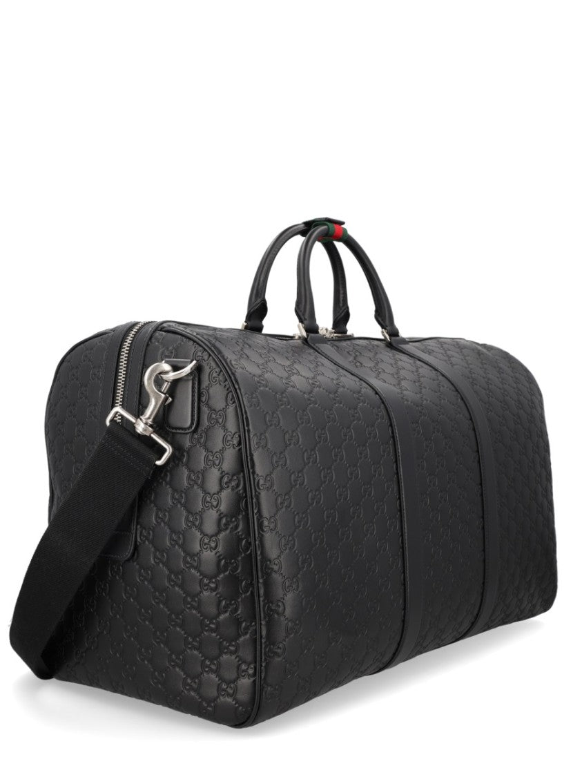 Gucci Structured Black Calf Leather Travel Bag With Iconic Emblem