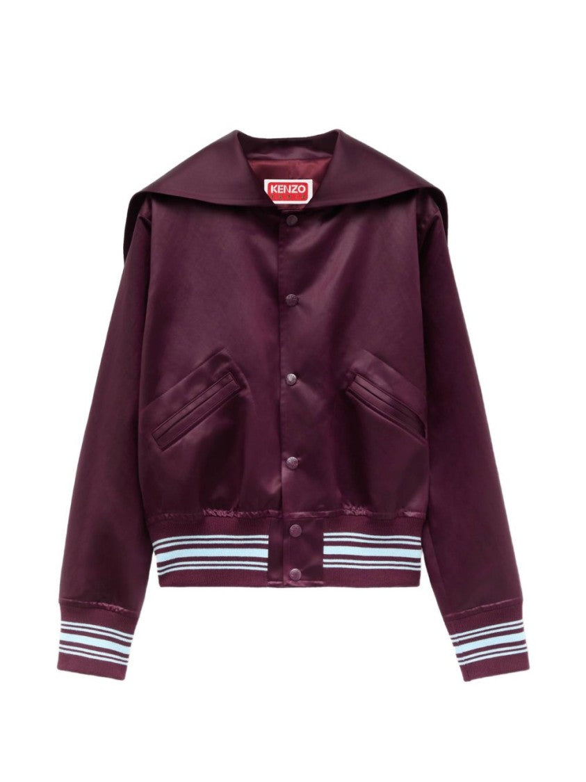 Kenzo Cropped Burgundy Satin Jacket With Sailor Collar And Embroidered Logo