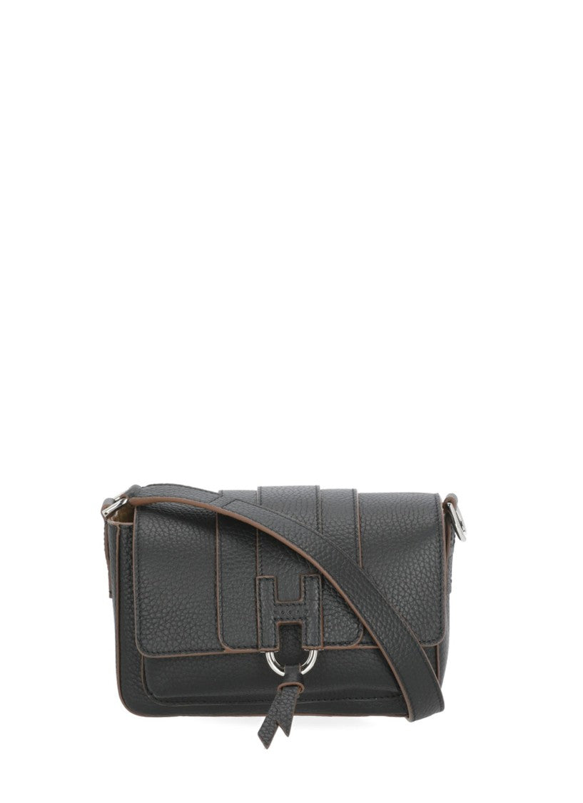 Hogan Structured Black Leather Flap Hogan Shoulder Bag
