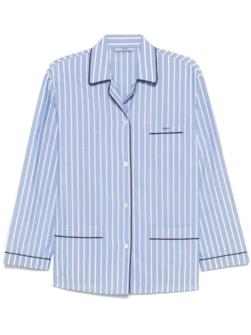Prada Vertical Striped Poplin Shirt With Notched Collar And Embroidered Logo