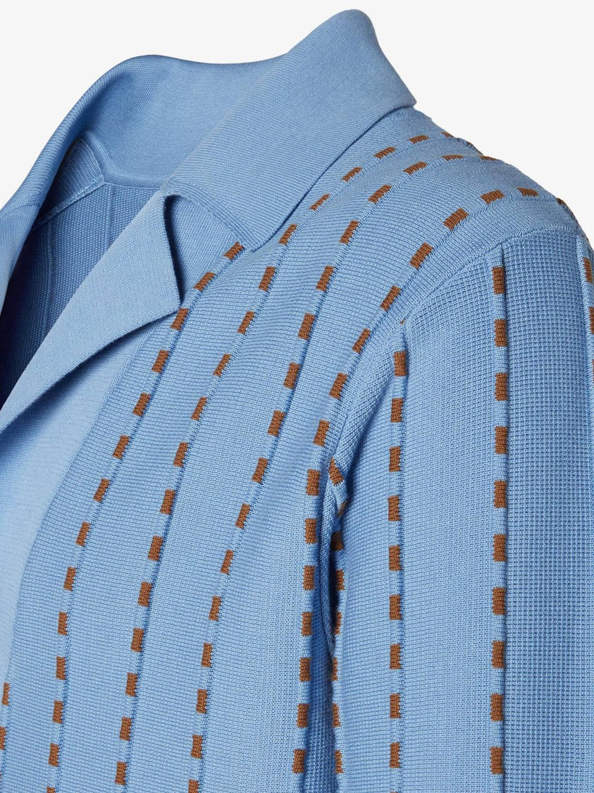 Fendi Light Blue Knit Polo Sweater With Vertical Stripes