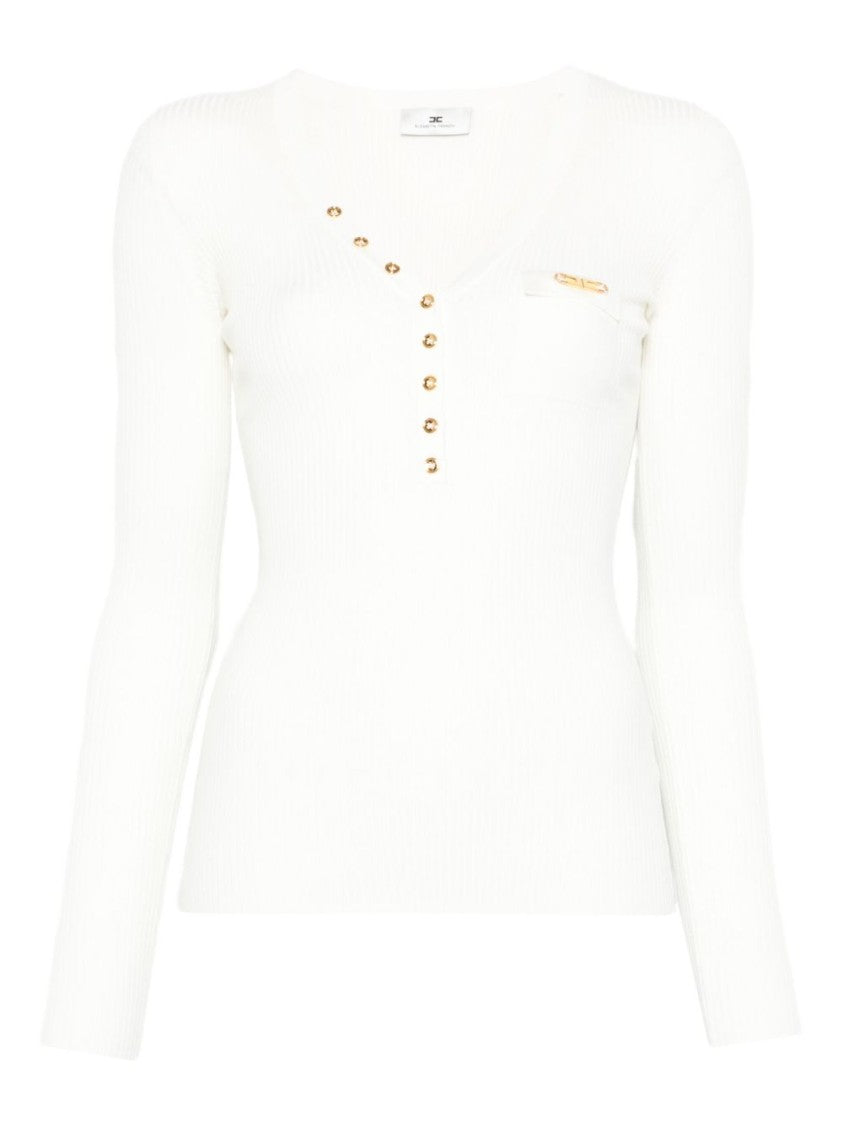 Elisabetta Franchi Ivory Fitted Ribbed Sweater