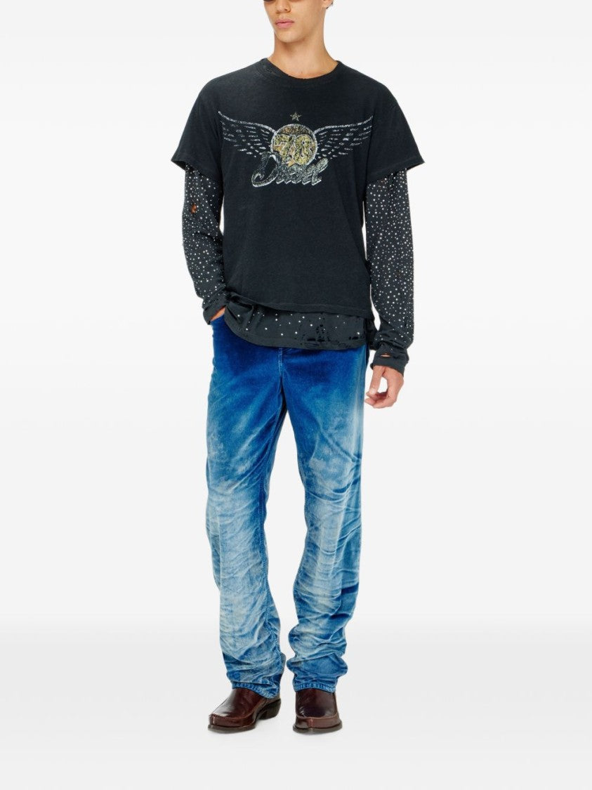 Diesel Vintage-Style Distressed Graphic Print Silk-Nylon Blend T-Shirt