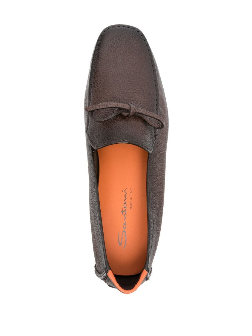Santoni Brown Textured Leather Loafers With Decorative Bow