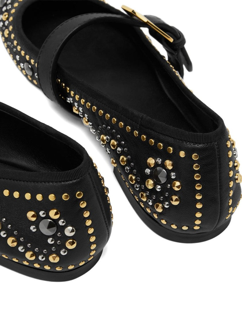 Versace Studded Black Flats With Gold Medusa Detail